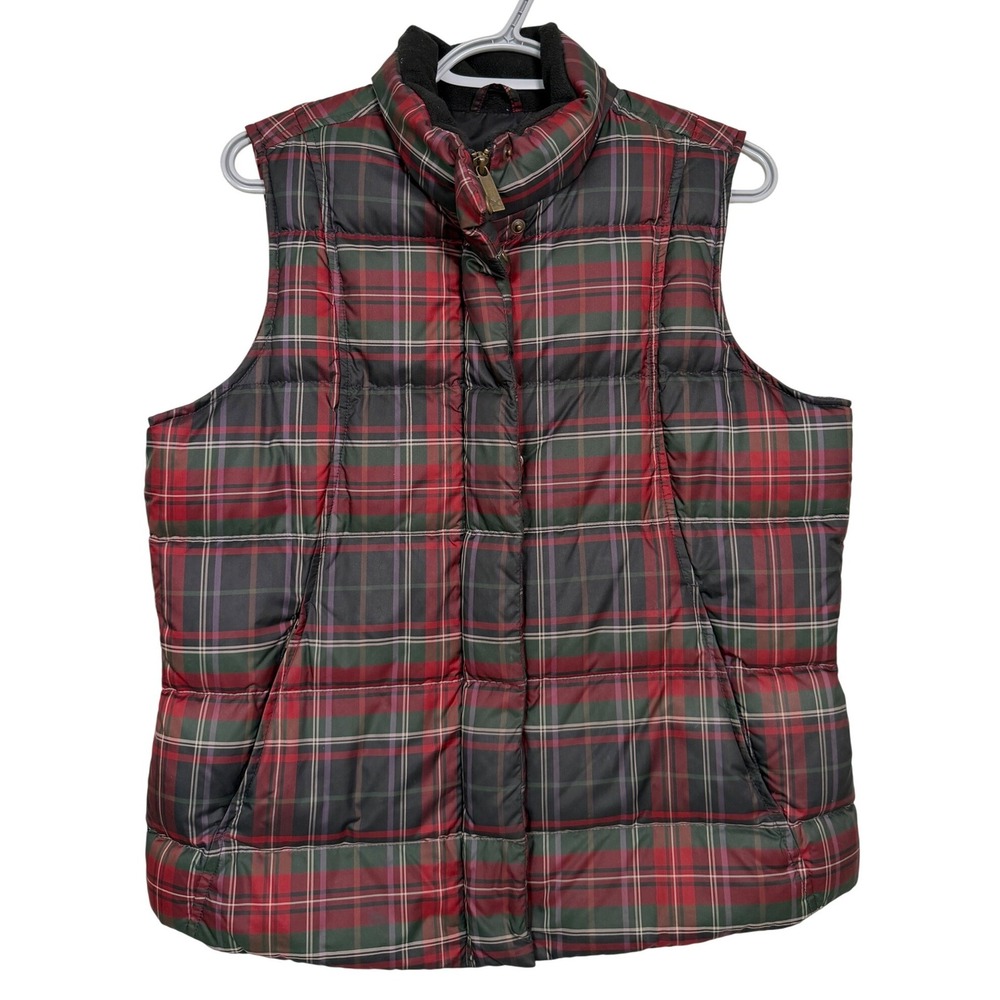 Vintage Eddie Bauer Womens Quilted Plaid Down Vest Puffer Full Zip Size M
